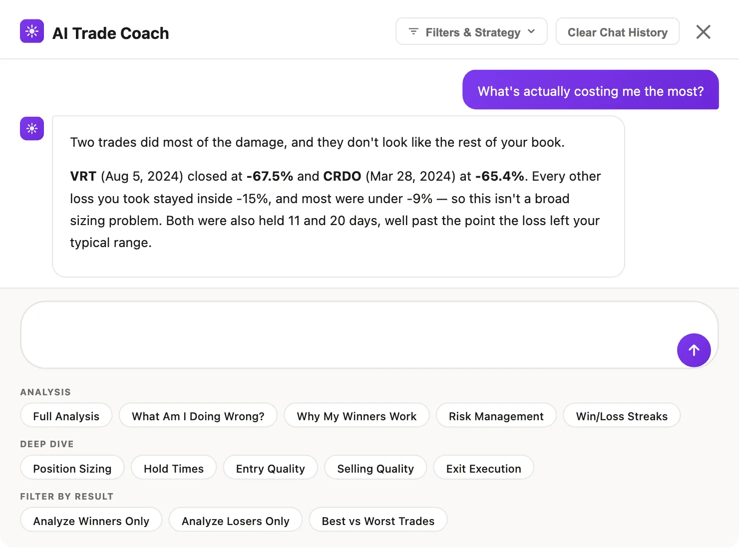 The AI Trade Coach answering a question about which trades cost the most, citing specific tickers, dates and percentages, above the menu of built-in analysis modes.