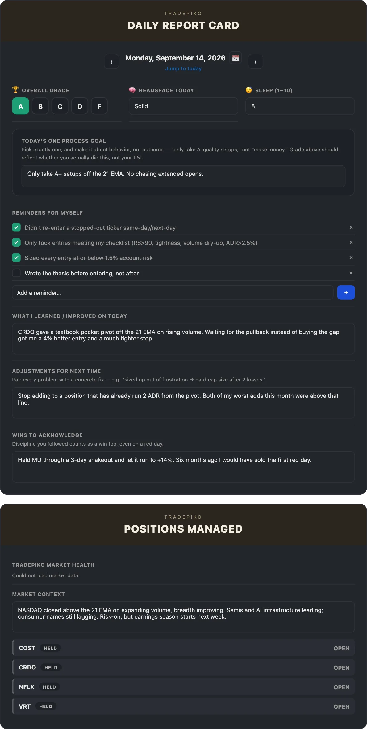 A filled-in Daily Report Card: an A grade, headspace and sleep ratings, the day's one process goal, a checked-off reminders list, and written notes on what was learned.